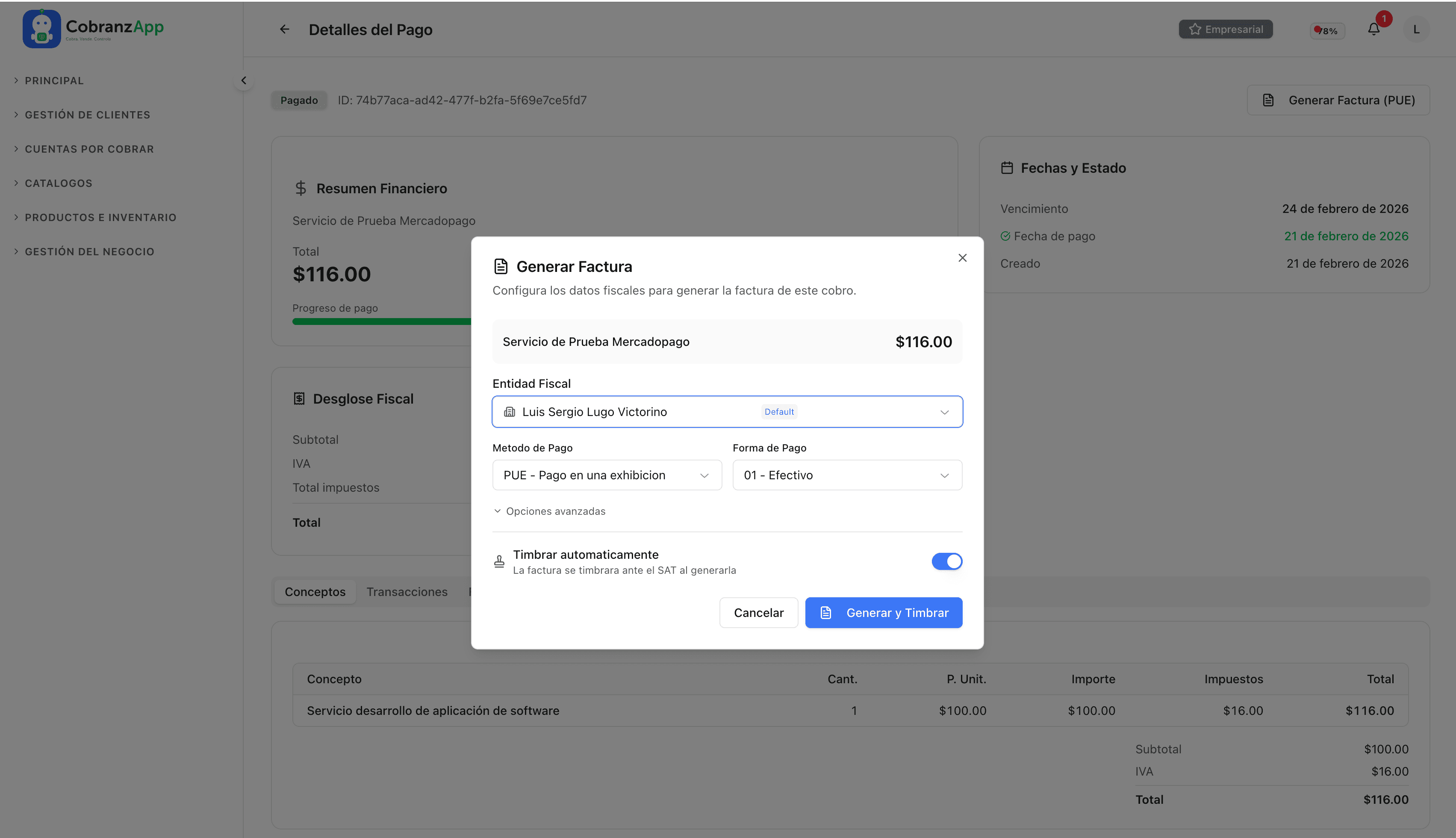 Pantalla de facturación electrónica de CobranzApp