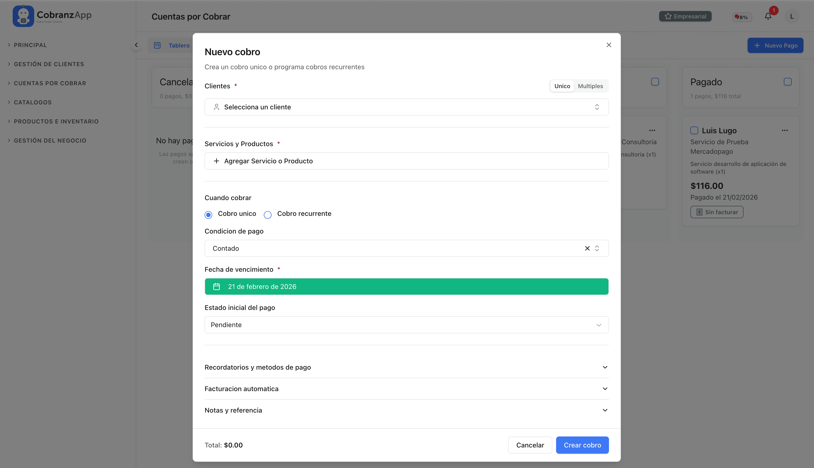 Pantalla de cobranza automatizada de CobranzApp